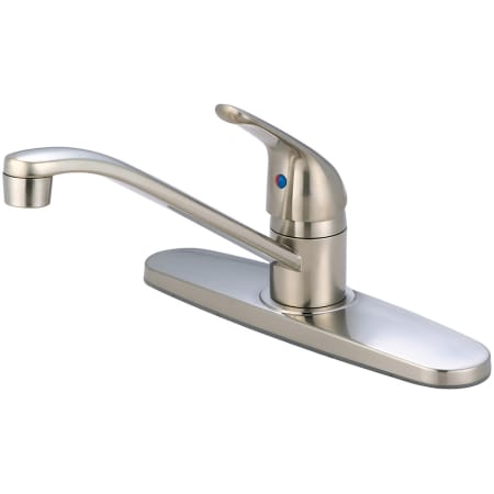 Olympia Faucets Elite 1.5 GPM Widespread Kitchen Faucet with 7-15/16" Reach D-Style Swivel Spout, Lever Handle, and Stainless Steel Flexible Connections Brushed Nickel