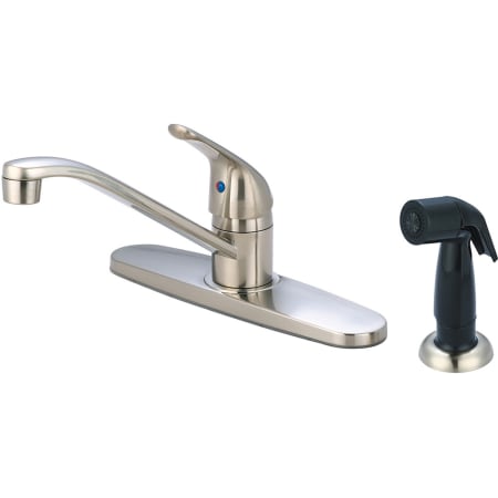 Olympia Faucets Elite 1.5 GPM Widespread Kitchen Faucet with 7-15/16" Reach D-Style Swivel Spout, 4-7/8" Plastic Side Spray, and Lever Handle Brushed Nickel