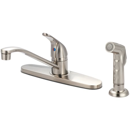 Olympia Faucets Elite 1.5 GPM Widespread Kitchen Faucet with 7-15/16" Reach D-Style Swivel Spout, 5-3/16" Brass Side Spray, and Lever Handle Brushed Nickel