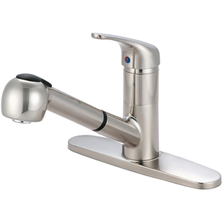 Olympia Faucets Elite 1.8 GPM Widespread Kitchen Faucet with Pull-Out Spray, 9" Reach Swivel Spout, Lever Handle, and Flexible Connections Brushed Nickel