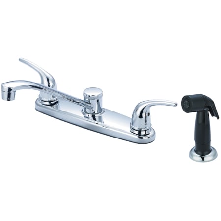 Olympia Faucets Elite 1.5 GPM Low Lead Widespread Kitchen Faucet with 7-1/2" Reach Swivel Spout, 4-7/8" Plastic Side Spray, and Lever Handles Polished Chrome