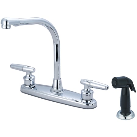 Olympia Faucets Elite 1.5 GPM Widespread Kitchen Faucet with 6-3/4" Reach High Arc Swivel Spout, 4-7/8" Side Spray, and Lever Handles Polished Chrome