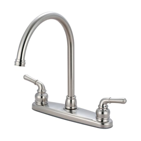 Olympia Faucets Accent 1.5 GPM Widespread Kitchen Faucet with 8-7/16" Reach Gooseneck Swivel Spout and Lever Handles Brushed Nickel