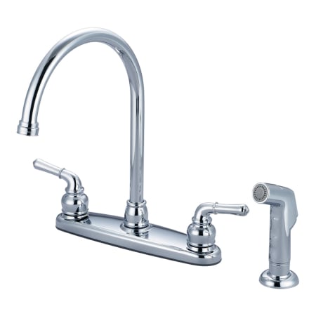 Olympia Faucets Accent 1.5 GPM Widespread Kitchen Faucet with 8-7/16" Reach Gooseneck Swivel Spout, 5-5/8" Brass Side Spray, and Lever Handles Polished Chrome