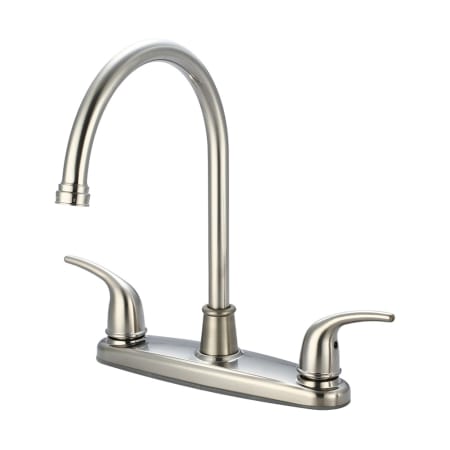 Olympia Faucets Accent 1.5 GPM Low Lead Widespread Kitchen Faucet with 8" Reach Gooseneck Swivel Spout and Lever Handles Brushed Nickel