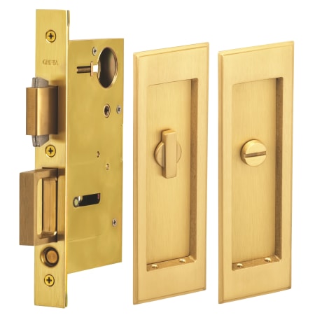 Omnia Modern Privacy Flush Cup Pocket Door Lock with Turnpiece and Emergency Release Lacquered Satin Brass