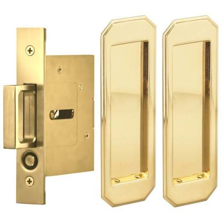 Omnia Solid Brass Pocket Door Passage Set with Rectangular Cut Corner Trip and Mortise Edge Pull Unlacquered Polished Brass