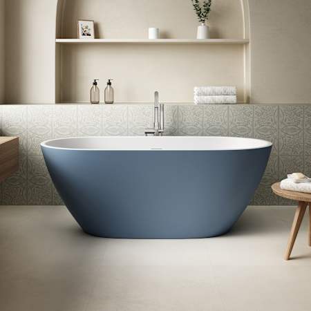 Ove Decors Ayago 59" Free Standing Acrylic Soaking Tub with Center Drain, Drain Assembly, Overflow, and Extra Finished Drain Cap Chambray White / Brushed Gold