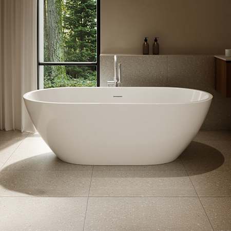 Ove Decors Ayago 66" Free Standing Acrylic Soaking Tub with Center Drain, Drain Assembly, Overflow, and Extra Finished Drain Cap White / Brushed Gold