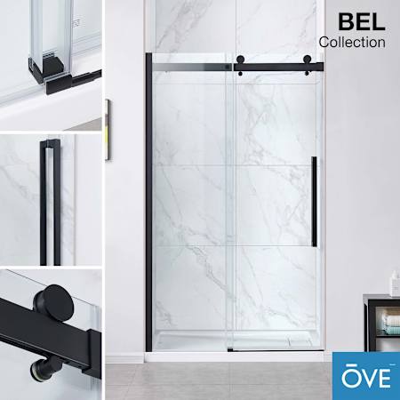 Ove Decors Bel Soft-Close 78-3/4" High x 46-3/16" Wide Sliding Frameless Shower Door with Clear Glass Black