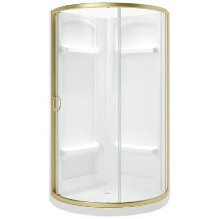 Ove Decors Breeze 44" L x 44" W x 77" H Round Corner Shower Kit with Clear Sliding Door, Walls and Pan Satin Nickel
