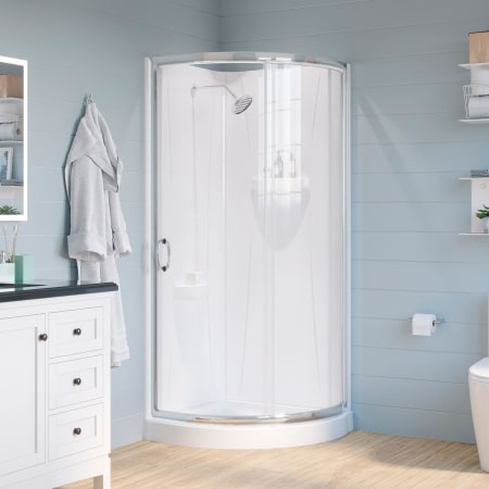 Ove Decors Breeze 32" L x 32" W x 77-1/2" H Round Corner Drain and Shower Enclosure with Clear Framed Sliding Door Satin Nickel