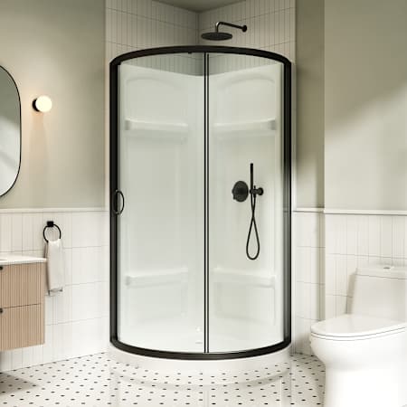 Ove Decors Breeze 38 in. L x 38 in. W x 73.25 in. H Round Corner Drain and Shower Enclosure with Clear Framed Sliding Door Black