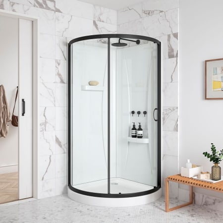 Ove Decors Breeze 38 in. L x 38 in. W x 73.25 in. H Round Corner Drain and Shower Enclosure with Clear Framed Sliding Door Black