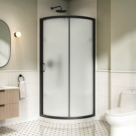 Ove Decors Breeze 32in. L x 32in. W x 73.25 in. H Round Corner Drain and Shower Enclosure with Frosted Framed Sliding Door Black