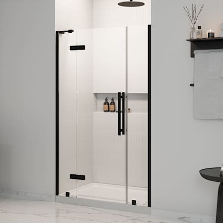 Ove Decors Tampa 74-3/4" High x 48" Wide x 32" Deep Hinged Frameless Shower Enclosure with Clear Glass Black