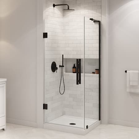 Ove Decors Panama 74-3/4" High x 32" Wide x 32" Deep Hinged Frameless Shower Enclosure with Clear Glass for Corner Installation Black