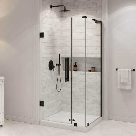 Ove Decors Panama 74-3/4" High x 36" Wide x 36" Deep Hinged Frameless Shower Enclosure with Clear Glass for Corner Installation Black