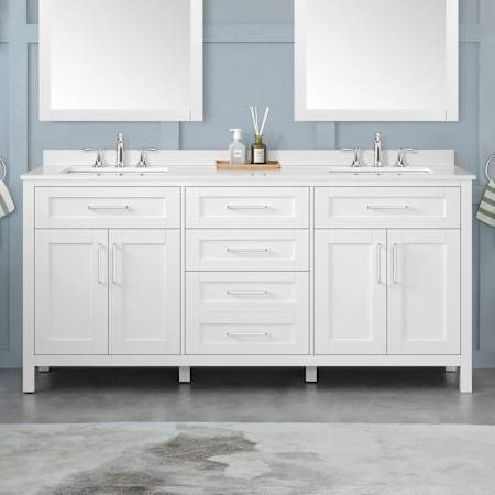 Ove Decors Tahoe 72" Free Standing Double Basin Vanity Set with Cabinet, Marble Vanity Top, and Framed Mirrors White