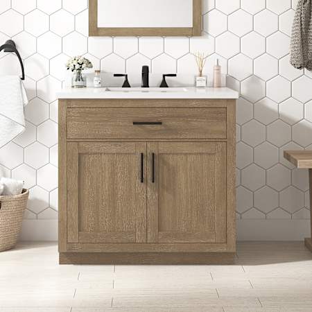 Ove Decors Bailey 36" Free Standing Single Basin Vanity Set with Cabinet and Quartz Vanity Top Driftwood Oak