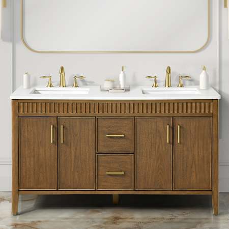 Ove Decors Juliette 60" Free Standing Double Basin Vanity Set with Cabinet and Quartz Vanity Top Warm Walnut
