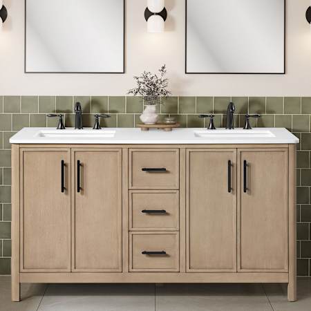Ove Decors Solas 60" Free Standing Double Basin Vanity Set with Cabinet and Engineered Stone Vanity Top Sahara Birch