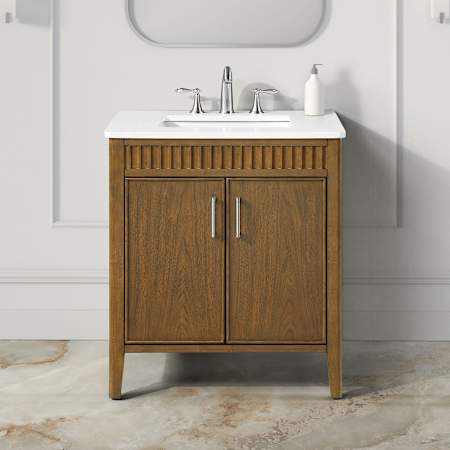 Ove Decors Juliette 30" Free Standing Single Basin Vanity Set with Cabinet and Quartz Vanity Top Warm Walnut