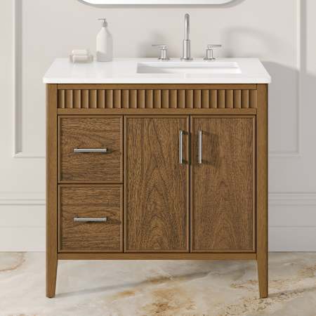 Ove Decors 36" Free Standing Single Basin Vanity Set with Cabinet and Quartz Vanity Top with Rounded Corners Warm Walnut