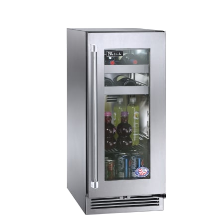 Perlick 15 Inch Wide 30 Can Capacity Beverage Center with Right Hinge and Door Lock Stainless Steel Framed Glass