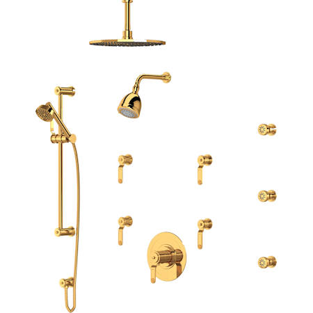 Perrin and Rowe Armstrong Thermostatic Shower System with Shower Head, Hand Shower, Slide Bar, Bodysprays, Shower Arm, Hose, and Valve Trim English Gold