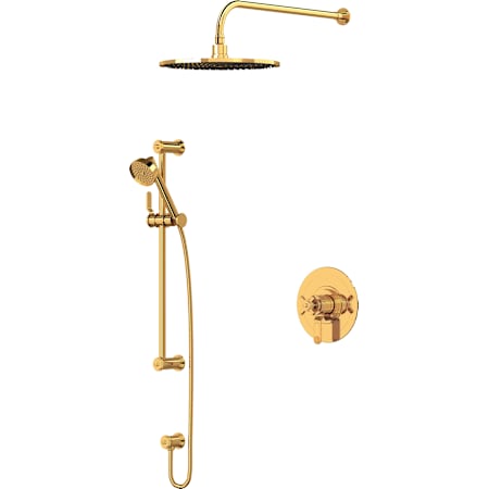 Perrin and Rowe Armstrong Pressure Balanced and Thermostatic Shower System with Shower Head, Hand Shower, Slide Bar, Shower Arm, Hose, and Valve Trim English Gold