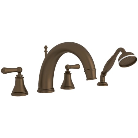 Perrin and Rowe Georgian Era Deck Mounted Roman Tub Filler with Built-In Diverter - Includes Hand Shower English Bronze
