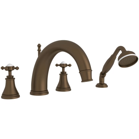 Perrin and Rowe Georgian Era Deck Mounted Roman Tub Filler with Built-In Diverter - Includes Hand Shower English Bronze
