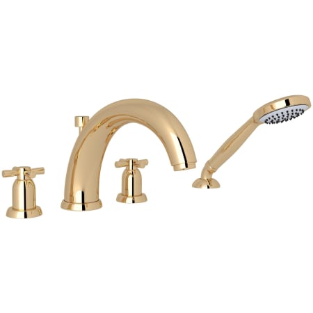 Perrin and Rowe Holborn Deck Mounted Roman Tub Filler with Built-In Diverter - Includes Hand Shower English Gold