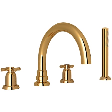 Perrin and Rowe Holborn Deck Mounted Roman Tub Filler with Built-In Diverter - Includes Hand Shower English Gold
