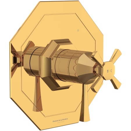 Perrin and Rowe Deco Three Independent, Two Shared Function Thermostatic Valve Trim Only with Single Cross / Lever Handle, Integrated Diverter, and Volume Control - Less Rough In English Gold