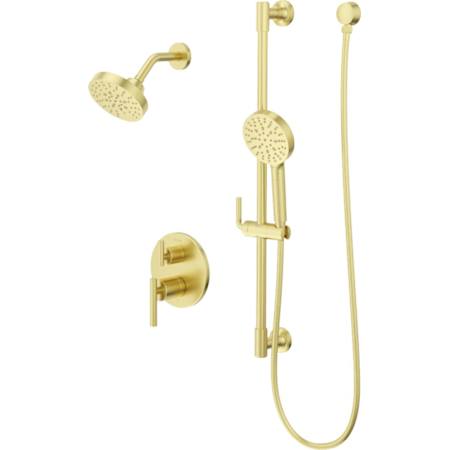 Pfister Contempra Stacked Pressure Balance Trim with Round Multi-Function Showerhead, 9" Shower Arm & Flange, With Multi-Function Hand Shower on Slidebar Brushed Gold