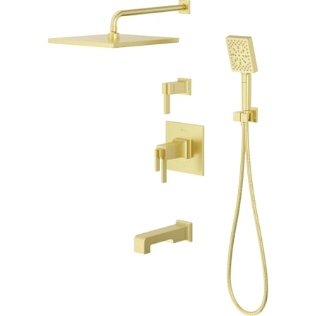 Pfister Verve Therm Tub/Shower & Diverter Trim with 10" Rainhead, 18" Straight Shower Arm & Flange, Multi-function Hand Shower Drop Elbow with Hook Brushed Gold