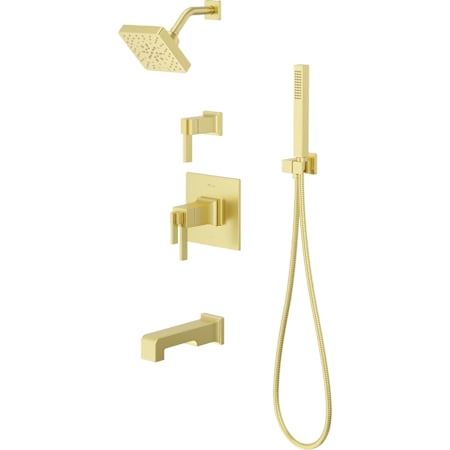 Pfister Verve Therm Tub/Shower & Diverter Trim with Square Multi-function Showerhead, 9" Shower Arm & Flange, Hand Shower Wand Drop Elbow with Hook Brushed Gold