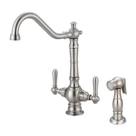Pioneer Faucets Americana 1.5 GPM Single Hole Kitchen Faucet with 8-11/16" Reach Swivel Spout, 5-5/8" Side Spray, and Lever Handles Brushed Nickel