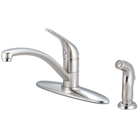 Pioneer Faucets Legacy 1.5 GPM Widespread Kitchen Faucet with 9-11/16" Reach Swivel Spout, 5-3/16" Brass Side Spray, and Lever Handle Brushed Nickel