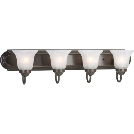 Progress Lighting Builder Bath Series Four-Light Bathroom Fixture with Etched Alabaster Glass Shades Antique Bronze
