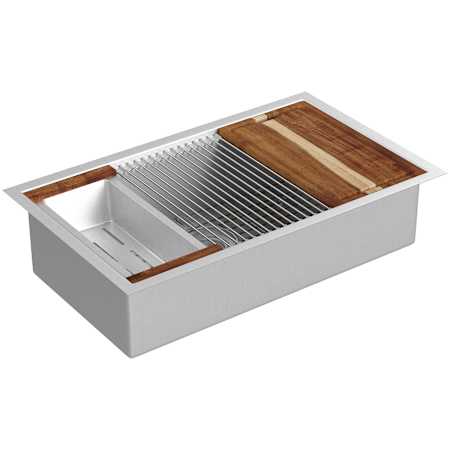 Pulse Santa Cruz Sinks 32" Drop In or Undermount Single Basin Stainless Steel Kitchen Sink with Basin Rack, Basket Strainer and Cutting Board Brushed Stainless Steel