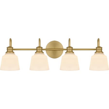 Quoizel Hinton 4 Light 31" Wide Bathroom Vanity Light with Etched Opal Shades Aged Brass
