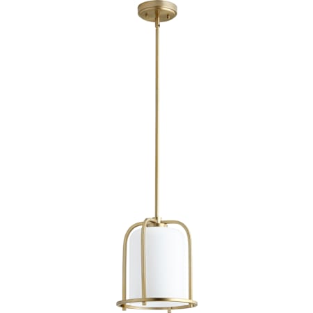 Quorum International Rutherford 8" Wide Mini Pendant with Satin Opal Shade Aged Brass
