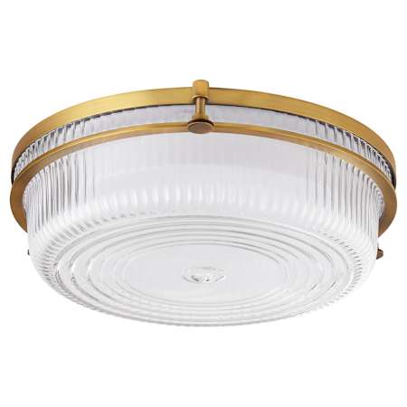 Quorum International Emory 14" Wide LED Flush Mount Drum Ceiling Fixture with Clear, Ribbed Glass Shade Brushed Brass