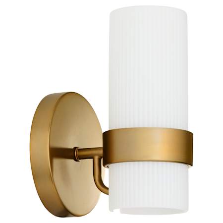 Quorum International Sojourn 8" Tall Bathroom Sconce with Ribbed, Milky Glass Shade Brushed Brass