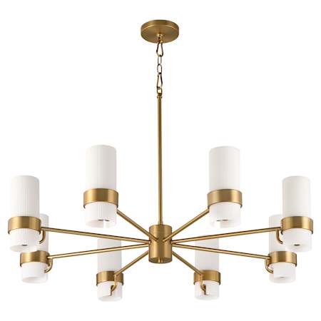 Quorum International Sojourn 8 Light 36" Wide Pillar Candle Style Chandelier with Ribbed, Milky Glass Shades Brushed Brass