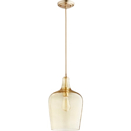 Quorum International 9" Wide Mini Pendant with Patterned/Etched Glass Shade Aged Brass
