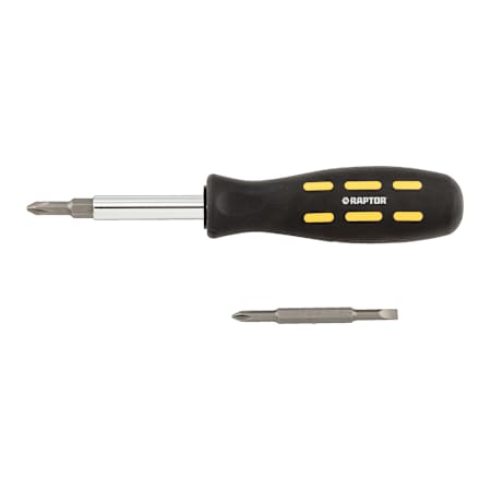 Raptor Tools 6 in 1 Screwdriver with Phillips, Flat Head, Nut Driver, and Slotted Black / Yellow